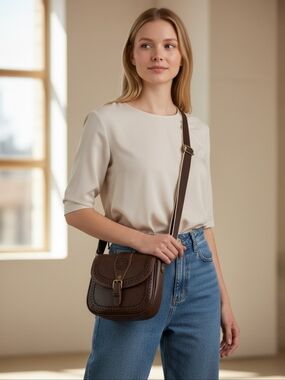 Classic Perforated Design Front Flap Faux Vegan Leather Dark Brown Crossbody Bag